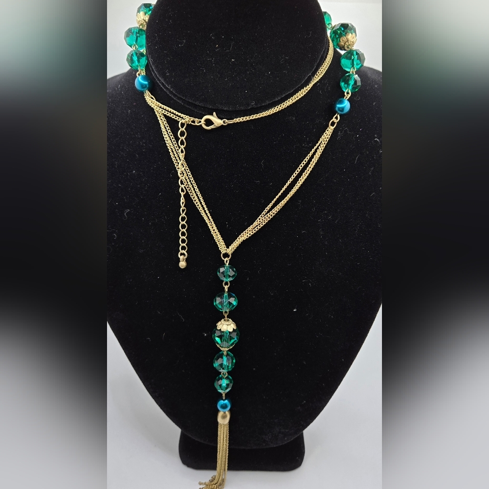 Lavalier Necklace Gold Tone with Teal Green Faceted Glass & Peacock Blue Beads